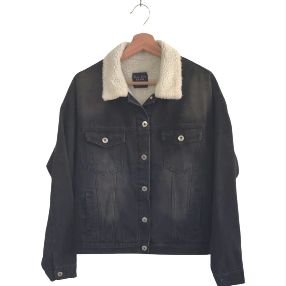 Love Tree Dark Denim Jacket with Cream Sherpa Collar Size L